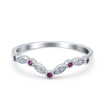 14K White Gold Curved Marquise Half Eternity Stackable Ring Simulated Ruby CZ Size-7
